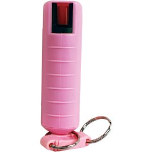 Pink pepper spray keychain for self-defense with convenient design.