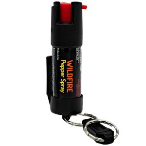 Wildfire pepper spray with keychain, featuring compact design for personal safety and easy accessibility.