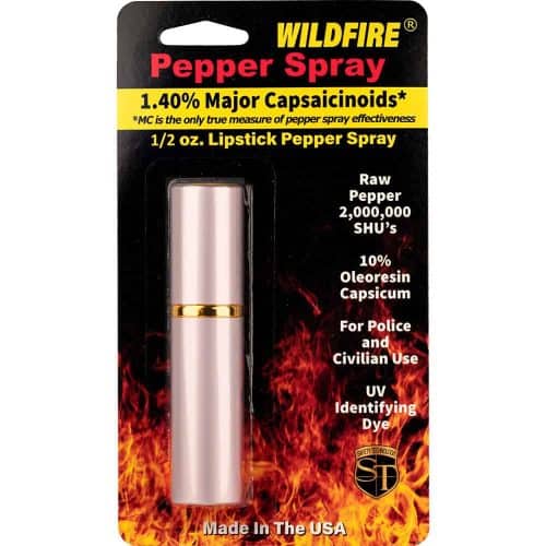 Lipstick-shaped pepper spray packaging, 1.40% capsaicinoids, 2,000,000 SHU, for self-defense, made in USA.