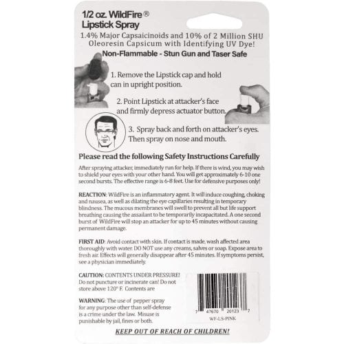 Instructions for using WildFire Lipstick Spray, a non-flammable self-defense pepper spray.