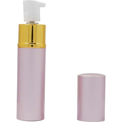 Elegant pink and gold pump bottle with cap, ideal for cosmetic or skincare product packaging.