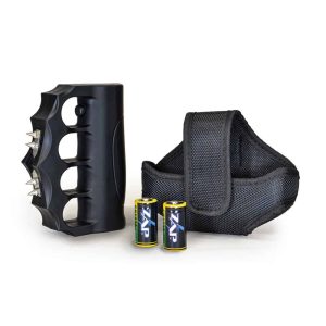 Black stun gun with brass knuckles, two batteries, and carrying case for self-defense.