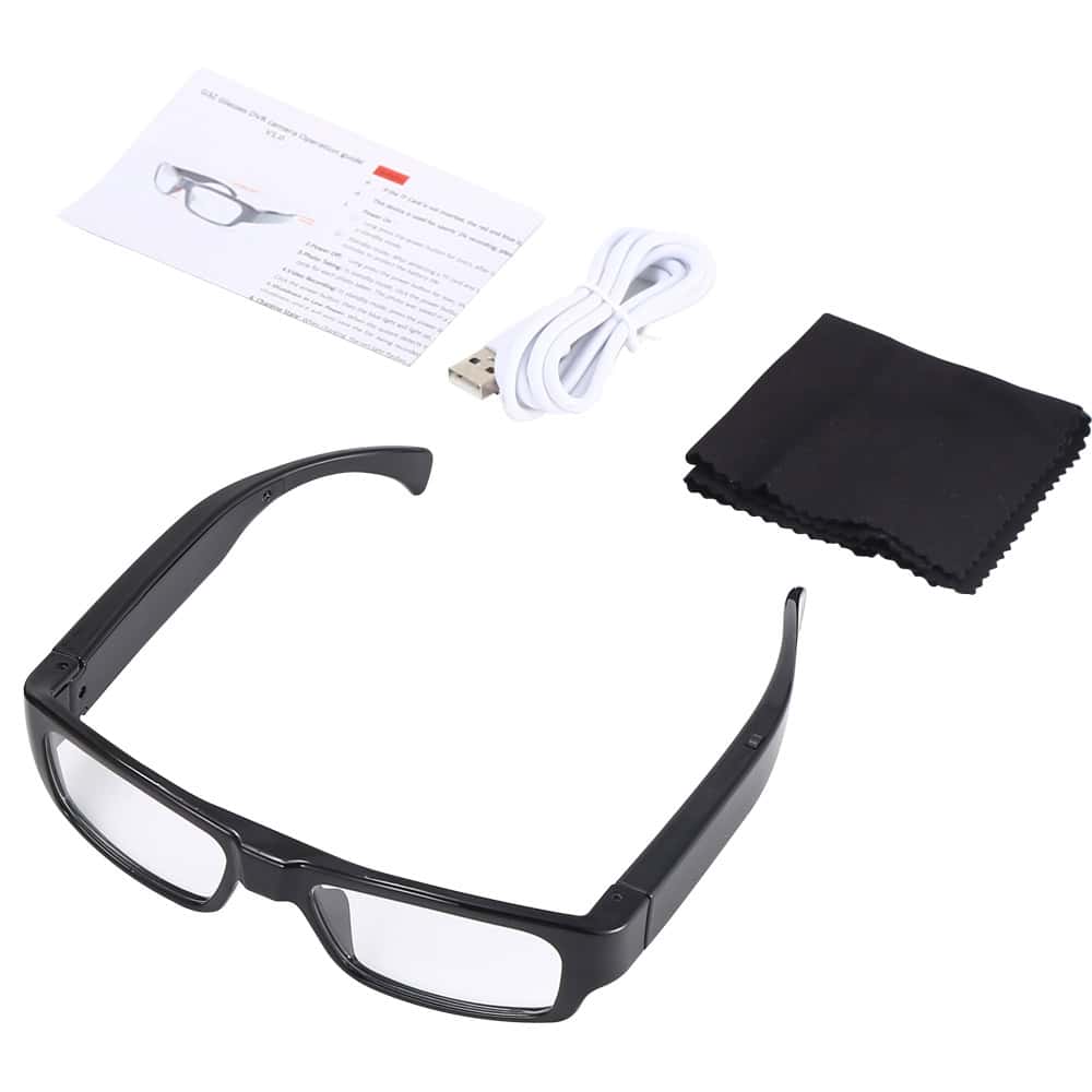 HC-GLASSES_hjpg | Para Bellum Defense Smart glasses with cleaning cloth, USB cable, and manual for technology and eye protection.