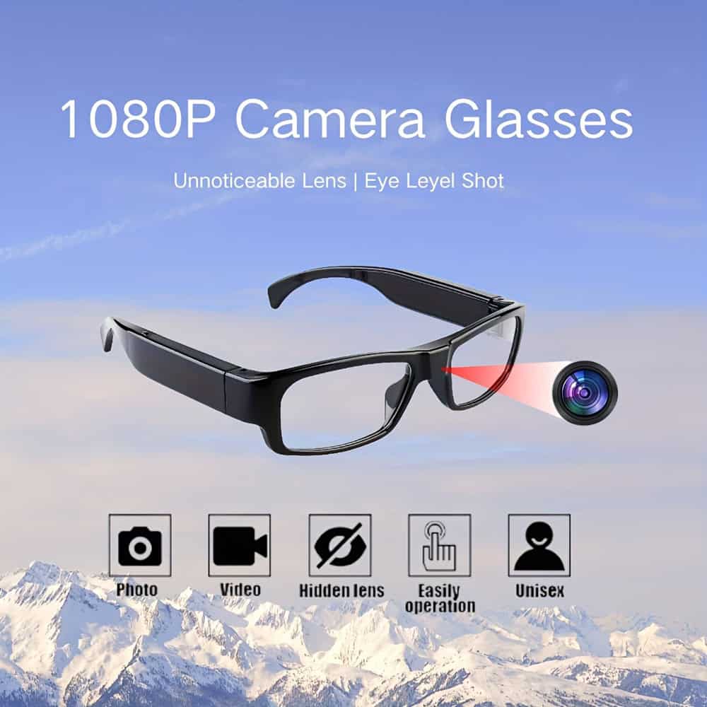 HC-GLASSES_ojpg | Para Bellum Defense 1080P camera glasses with hidden lens, eye-level shot, icons for photo, video, easy use, unisex; mountain background.